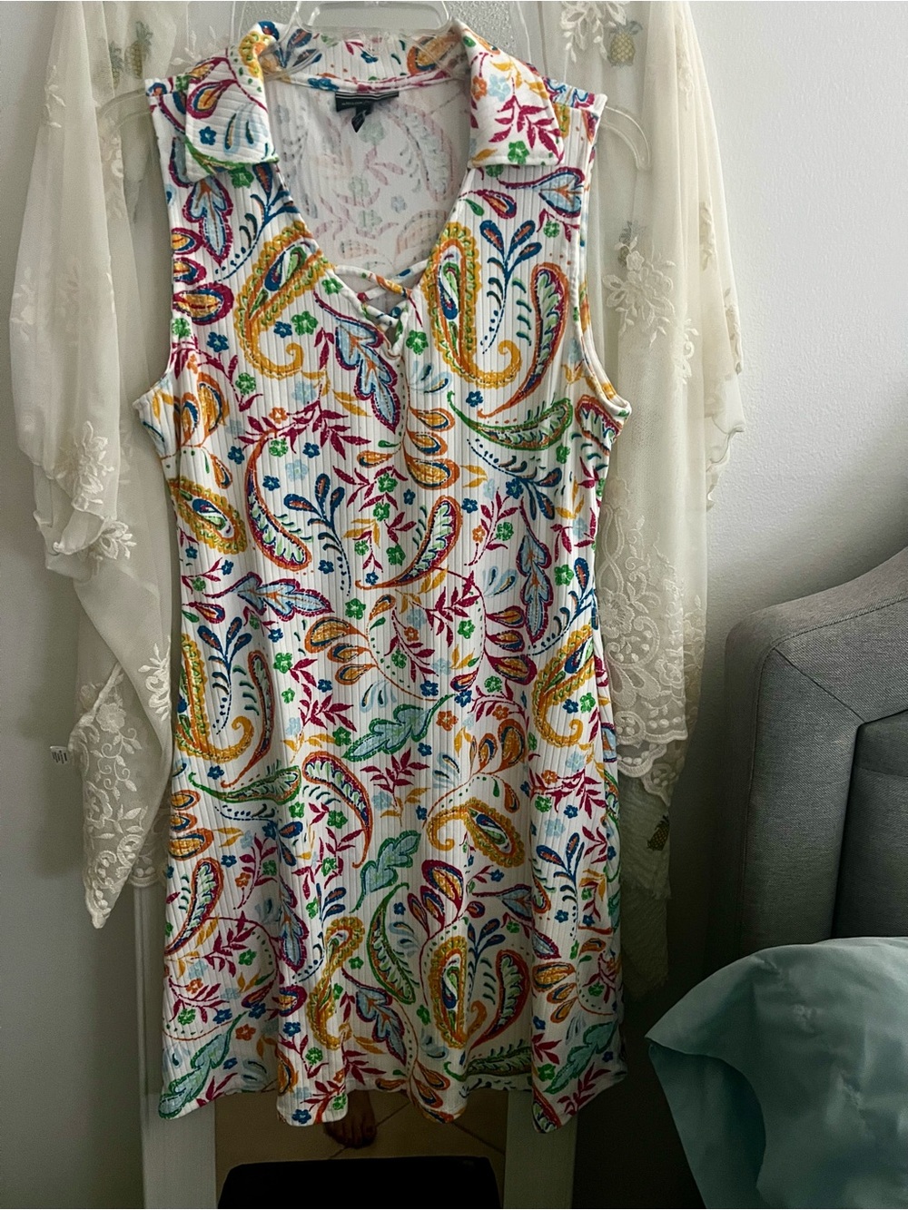 Allison Brittney White Collared Paisley Tank Dress - Multicolor